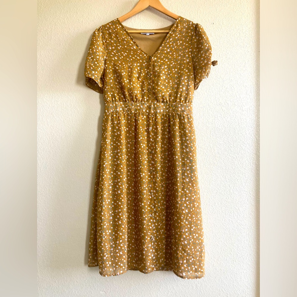 Piper&Scoot Mustard Yellow / Gold Floral Midi Dress